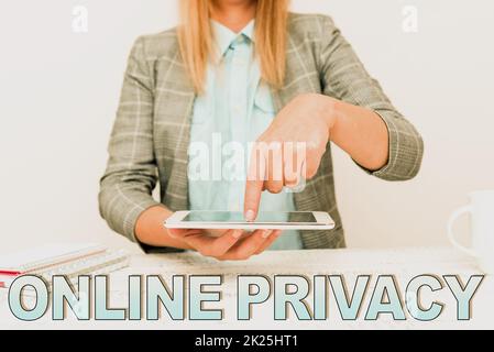 Handwriting text Online Privacy. Internet Concept Security level of personal data published via the Internet Displaying New Smartphone Technology, Discussing Device Improvements Stock Photo