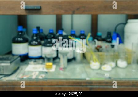 Blurred abstract background of wooden chemical hood in laboratory Stock Photo