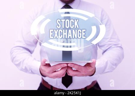 Writing displaying text Stock Exchange. Business idea An electronic market where owners of businesses get together Presenting New Technology Ideas Discussing Technological Improvement Stock Photo