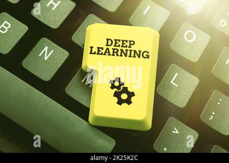 Text showing inspiration Deep Learning. Business approach Hierarchical Abstractions Artificial Intelligence Algorithm Typing Online Website Informations, Editing And Updating Ebook Contents Stock Photo