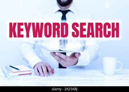 Conceptual display Keyword Search. Business overview Using word or term to look correct subject associated to it Presenting Communication Technology Smartphone Voice And Video Calling Stock Photo
