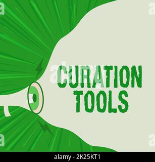 Conceptual caption Curation Tools. Business concept Software used in gathering information relevant to a topic Megaphone Drawing Making New Loud Announcement To Blank Cloud. Stock Photo