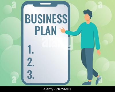 Handwriting text Business Plan. Business idea Structural Strategy Goals and Objectives Financial Projections Man Drawing Standing Next To A Large Phone Pointing Out Technologies. Stock Photo