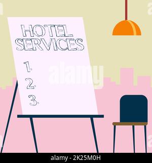 Conceptual display Hotel Services. Business concept Facilities Amenities of an accommodation and lodging house Empty Portrait Artwork Design With Skyscrapers Behind Showing Art Subject. Stock Photo