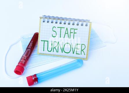 Handwriting text Staff Turnover. Conceptual photo The percentage of workers that replaced by new employees Preparing And Writing Prescription Medicine, Preventing Virus Spread Stock Photo
