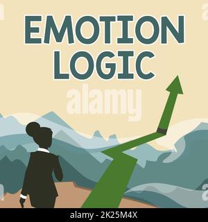 Inspiration showing sign Emotion Logic. Concept meaning Heart or Brain Soul or Intelligence Confusion Equal Balance Lady Walking Towards Mountains With An Arrow Marking Success Stock Photo