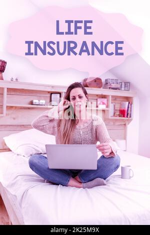 Conceptual caption Life Insurance. Internet Concept Payment of death benefit or injury Burial or medical claim Reading Interesting Articles Online, Solving Internet Problems Stock Photo