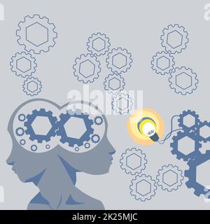 Two Heads With Cogs Showing Technology Ideas. Gears In Brain Symbols Design Displaying Mechanical And Technical Idea. Stock Photo