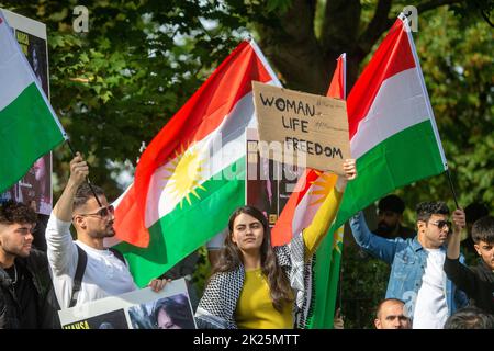 London, England, UK. 22nd Sep, 2022. Protesters stage a demonstration outside Iranian embassy in London for Mahsa Amini, who was killed by morality police in Iran. (Credit Image: © Tayfun Salci/ZUMA Press Wire) Stock Photo