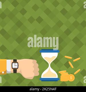 Businessman Using Wristwatch Around Hand Showing Hourglass Indicating Valuable Measures. Various Era Measuring Equipment Beside Coins Describing Time Equals Money Stock Photo