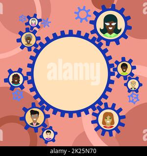 Colleagues Presented Inside Cogwheels Showing Definition Of Teamwork. Coworkers Faces Shown Gear Transmission Presenting Unity Relation. Stock Photo