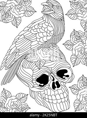 Raven Line Drawing Standing On Skull Surreounded With Flowers Tattoo Coloring Book Stock Photo