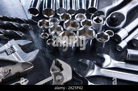 Composition with a variety of metal tools Stock Photo