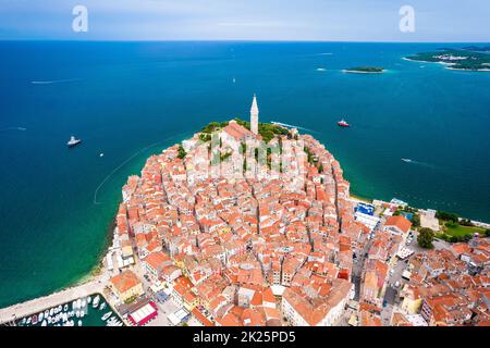 Rovinj. Historic Adriatic town of Rovinj aerial view. Rooftops of famous tourist destination Stock Photo