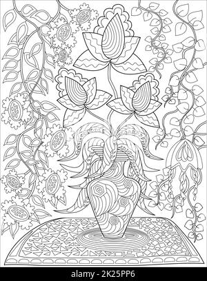 Flower Vase On Table With Roses And Assorted Flowers With Background Wall Paper Flowers Line Drawing Coloring Book Stock Photo