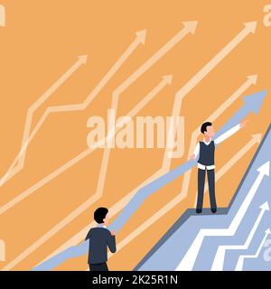 Arrows Guiding Two Collaborating Businessmen Towards Better Financial Plan. Colleagues Working Together Predicting Positive Marketplace Achievement. Stock Photo