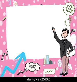 Gentleman Drawing Standing Pointing Finger In Blank Whiteboard. Man Design Stands Points Hand Empty Board Showing New Idea And Meaning. Stock Photo