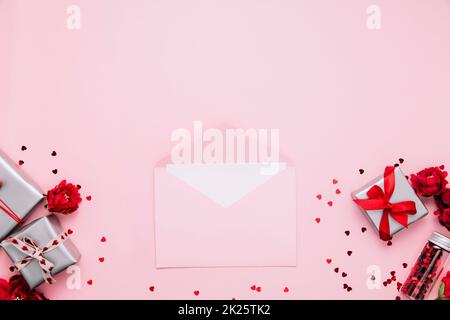 Saint Valentine day card template, opened pink envelope with blank sheet message Stock Photo