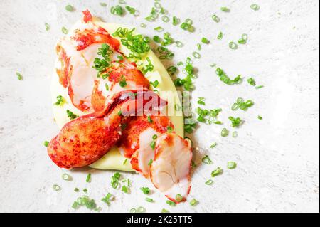 Chunks of cooked cut lobster meat served on a plate. Stock Photo