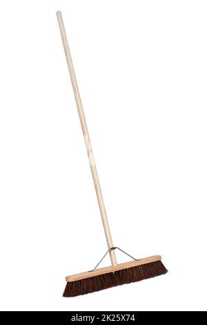 Wooden yard broom inclined left on white background Stock Photo
