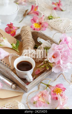 White Freesia On A Pink Wooden Background. Beautiful Flowers Stock 