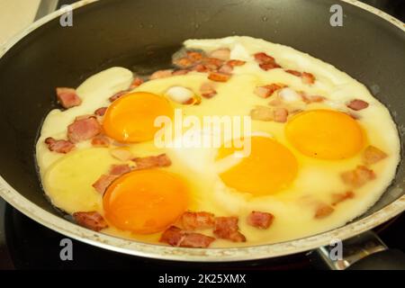 Fried eggs with bacon in the pan Stock Photo