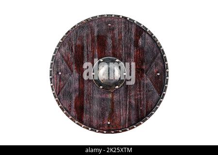 Old round shield in blood isolated on white background with clipping path Stock Photo