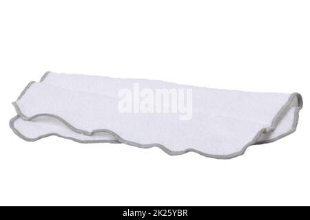 Household cleanliness and hygiene. Close-up of a white cleaning cloth isolated on a white background. Microfiber cleaning cloth. Macro. Stock Photo