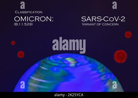 Omicron classification (B.1.1.529) as variant of SARS-CoV-2. 3D illustration of an colorful from inside illuminated spinning terrestrial globe earth with abstract models of virus. Stock Photo