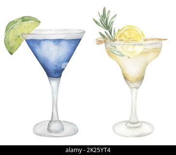 Watercolor hand drawn cocktail illustration set. Beverages clipart for menu, card, postcard, banner, poster. Food and drink print Stock Photo