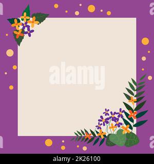 Blank Frame Decorated With Colorful Flowers And Foliage Arranged Harmoniously. Empty Poster Border Surrounded By Multicolored Bouquet Organized Pleasantly. Stock Photo