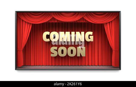 Coming Soon poster with red stage curtains 3D illustration Stock Photo