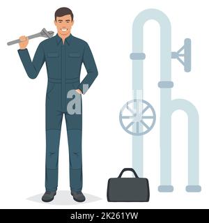 Cheerful plumber with a wrench repairing pipe. Vector illustration Stock Photo