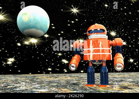 Robot with evil look walking over planet Stock Photo