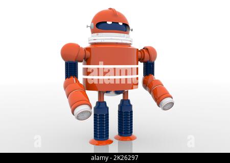 Robot with evil look walking over white background Stock Photo