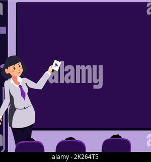 Woman Holding Remote Control Presenting Latest Ideas On Backdrop Screen. Lady Standing In Front Board Giving Presentation Displaying Future Project Strategy Plans. Stock Photo