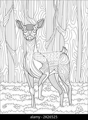 Standing Deer In Forest Line Drawing With Trees In Background For Coloring Book Stock Photo