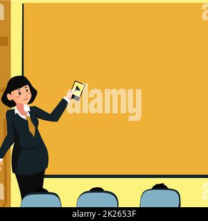 Woman Holding Remote Control Presenting Latest Ideas On Backdrop Screen. Lady Standing In Front Board Giving Presentation Displaying Future Project Strategy Plans. Stock Photo