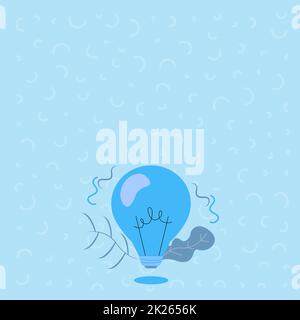 Illuminated Light Bulb Drawing With Plants Shell Showing Technology Ideas. Glowing Lamp With Branches Symbols Design Displaying Mechanical And Technical Idea. Stock Photo