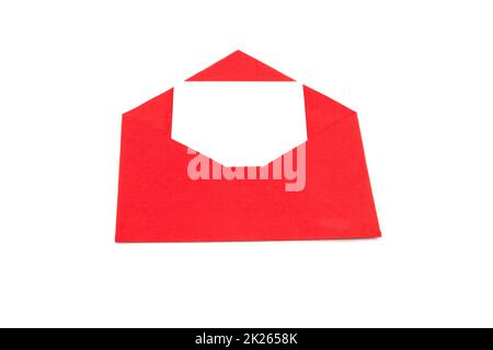 Red envelope with a white sheet of paper on a white background Stock Photo