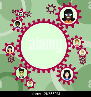 Colleagues Presented Inside Cogwheels Showing Definition Of Teamwork. Coworkers Faces Shown Gear Transmission Presenting Unity Relation. Stock Photo