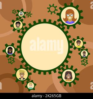 Colleagues Presented Inside Cogwheels Showing Definition Of Teamwork. Coworkers Faces Shown Gear Transmission Presenting Unity Relation. Stock Photo