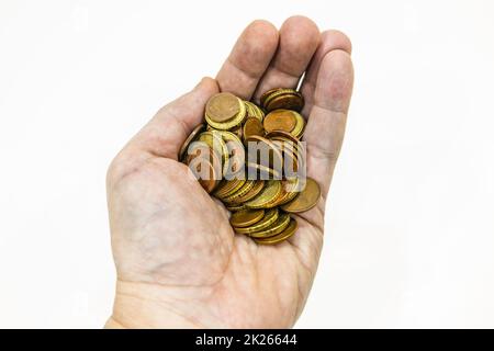 hand holding euro coins on white background Stock Photo