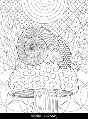 Snail Sitting Top Of Mushroom After Rain Line Drawing With Detailed Pattern Background Coloring Book Stock Photo