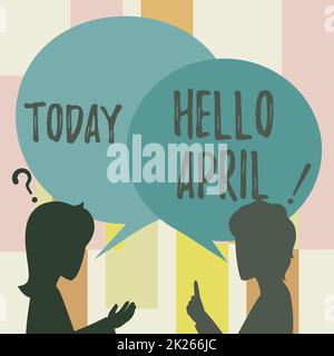 Text caption presenting Hello April. Conceptual photo a greeting expression used when welcoming the month of April Couple Drawing With Chat Cloud Talking To Each Other Sharing Ideas. Stock Photo