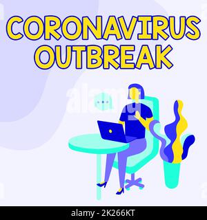 Text sign showing Coronavirus Outbreak. Business concept infectious disease caused by newly discovered COVID19 Woman Sitting Office Desk Using Laptop With Speech Bubble Beside Plant. Stock Photo