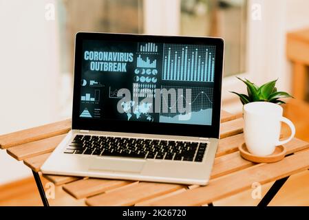 Text showing inspiration Coronavirus Outbreak. Conceptual photo infectious disease caused by newly discovered COVID19 Laptop Resting On A Table Beside Coffee Mug And Plant Showing Work Process. Stock Photo