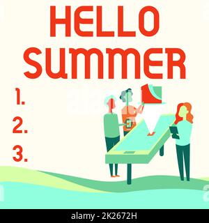 Handwriting text Hello Summer. Business concept Welcoming the warmest season of the year comes after spring Colleagues Drawing Standing Beside Table Projection Graph Chart. Stock Photo