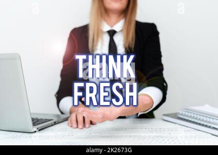 Text caption presenting Think Fresh. Concept meaning a new perspective of thinking when producing ideas and concepts Instructor Teaching Different Skills, Teacher Explaining New Methods Stock Photo