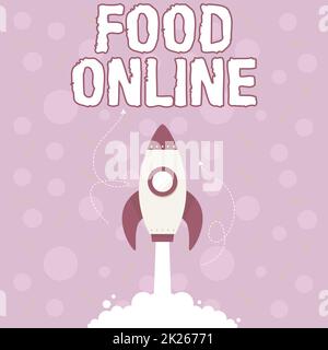 Text caption presenting Food Online. Concept meaning variety of food set up in a website directly delivered by store Illustration Of Rocket Ship Launching Fast Straight Up To The Outer Space. Stock Photo
